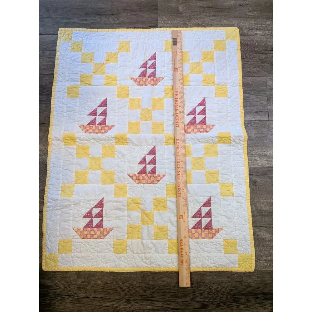 Vintage 1995 Handmade Sailboat Baby Quilt Signed Carol Paasch Cottagecore 28x34